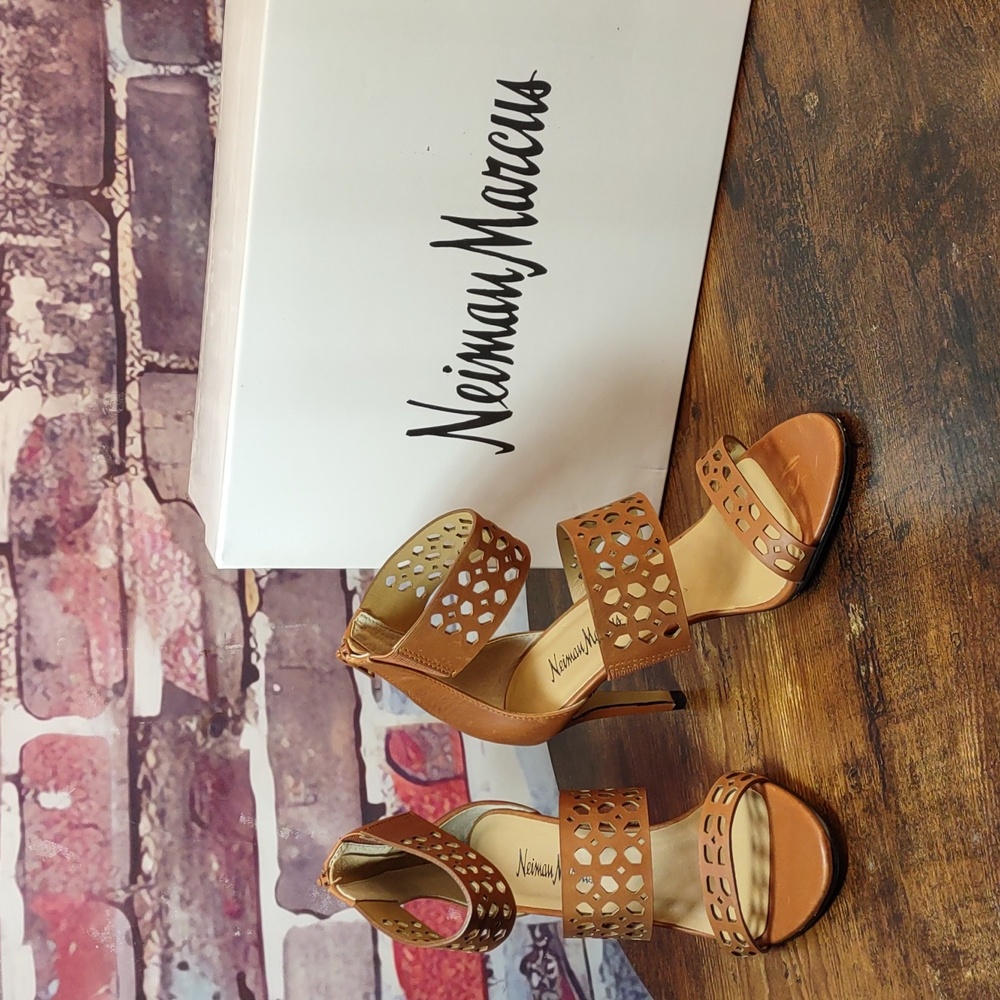 Neiman Marcus "Elicia" Strappy Laser Cut Leather Heels